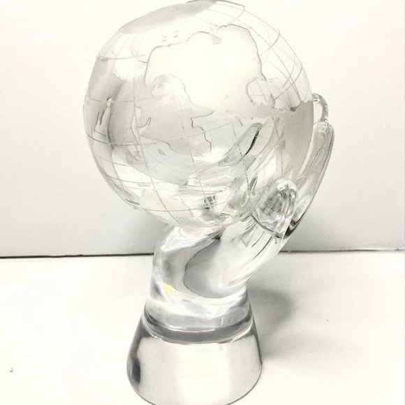 Vintage Surrealist Crystal Sculpture Hand Holding The World Globe - Picture 1 of 8